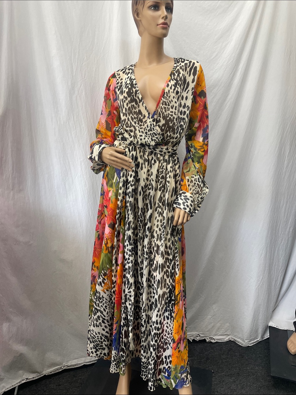 Spy Zone Exchange Women's Floral & Animal Print Sheer Long Sleeve Maxi Dress
